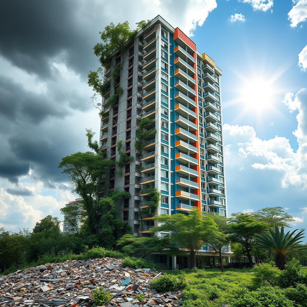 A single residential tower that creatively combines elements of destruction and reconstruction in a fantastical and imaginative way