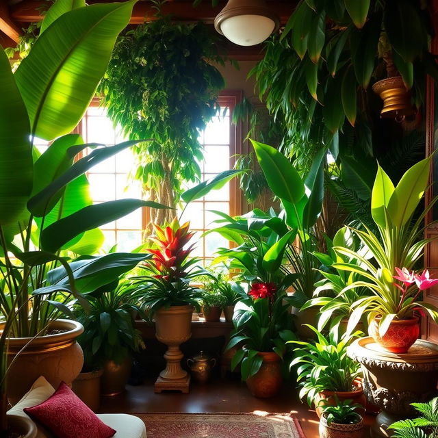 An interior jungle filled with lush greenery, large tropical plants such as monstera and ferns, vibrant potted plants in various ornate pots, a warm and inviting atmosphere, soft sunlight streaming through a window, a cozy seating area with cushions, wood decor, and a hint of exotic flowers for added color