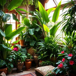An interior jungle filled with lush greenery, large tropical plants such as monstera and ferns, vibrant potted plants in various ornate pots, a warm and inviting atmosphere, soft sunlight streaming through a window, a cozy seating area with cushions, wood decor, and a hint of exotic flowers for added color