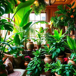 An interior jungle filled with lush greenery, large tropical plants such as monstera and ferns, vibrant potted plants in various ornate pots, a warm and inviting atmosphere, soft sunlight streaming through a window, a cozy seating area with cushions, wood decor, and a hint of exotic flowers for added color