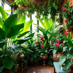An interior jungle filled with lush greenery, large tropical plants such as monstera and ferns, vibrant potted plants in various ornate pots, a warm and inviting atmosphere, soft sunlight streaming through a window, a cozy seating area with cushions, wood decor, and a hint of exotic flowers for added color