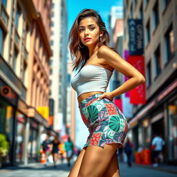 A fashionable young woman confidently posing in a trendy outfit featuring a tight, short skirt that accentuates her curves