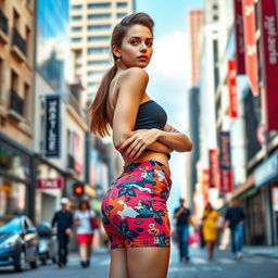 A fashionable young woman confidently posing in a trendy outfit featuring a tight, short skirt that accentuates her curves