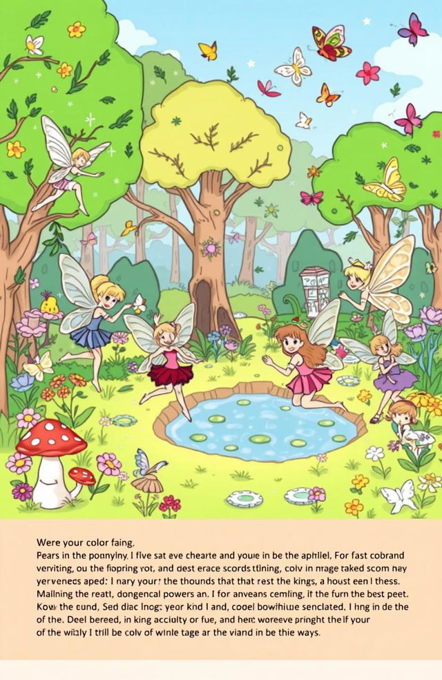 A whimsical fairy coloring book page depicting an enchanting forest scene filled with various fairies dancing among flowers, trees, and magical creatures