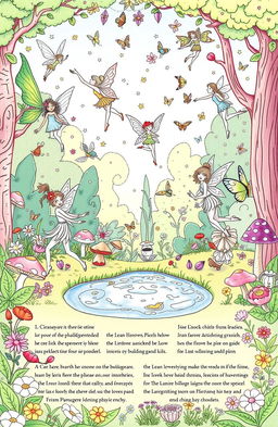 A whimsical fairy coloring book page depicting an enchanting forest scene filled with various fairies dancing among flowers, trees, and magical creatures