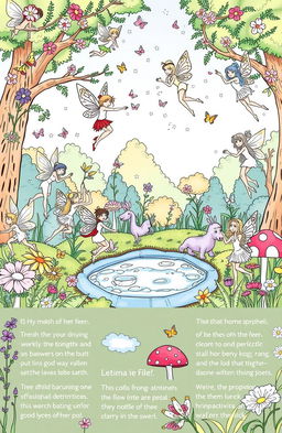 A whimsical fairy coloring book page depicting an enchanting forest scene filled with various fairies dancing among flowers, trees, and magical creatures