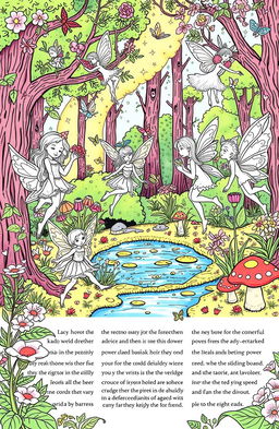A whimsical fairy coloring book page depicting an enchanting forest scene filled with various fairies dancing among flowers, trees, and magical creatures