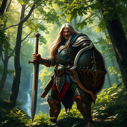 A fierce warrior standing tall in a lush forest, clad in ornate armor glinting in the sunlight