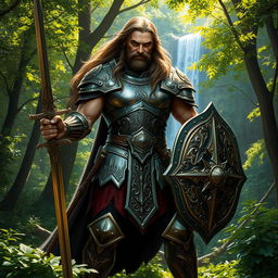 A fierce warrior standing tall in a lush forest, clad in ornate armor glinting in the sunlight