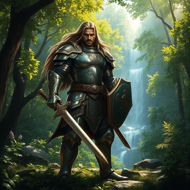 A fierce warrior standing tall in a lush forest, clad in ornate armor glinting in the sunlight