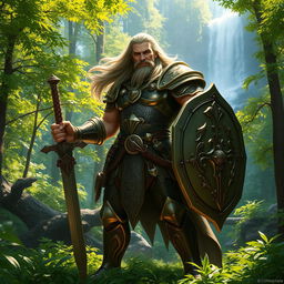 A fierce warrior standing tall in a lush forest, clad in ornate armor glinting in the sunlight