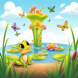 A colorful and whimsical cartoon illustration for a children's book, depicting a small, cheerful frog named Felix with big expressive eyes, sitting by a tranquil pond
