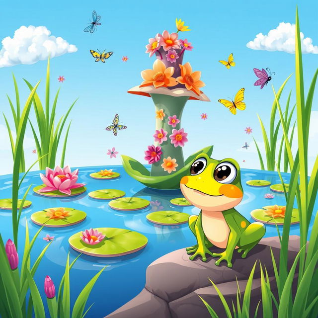 A colorful and whimsical cartoon illustration for a children's book, depicting a small, cheerful frog named Felix with big expressive eyes, sitting by a tranquil pond