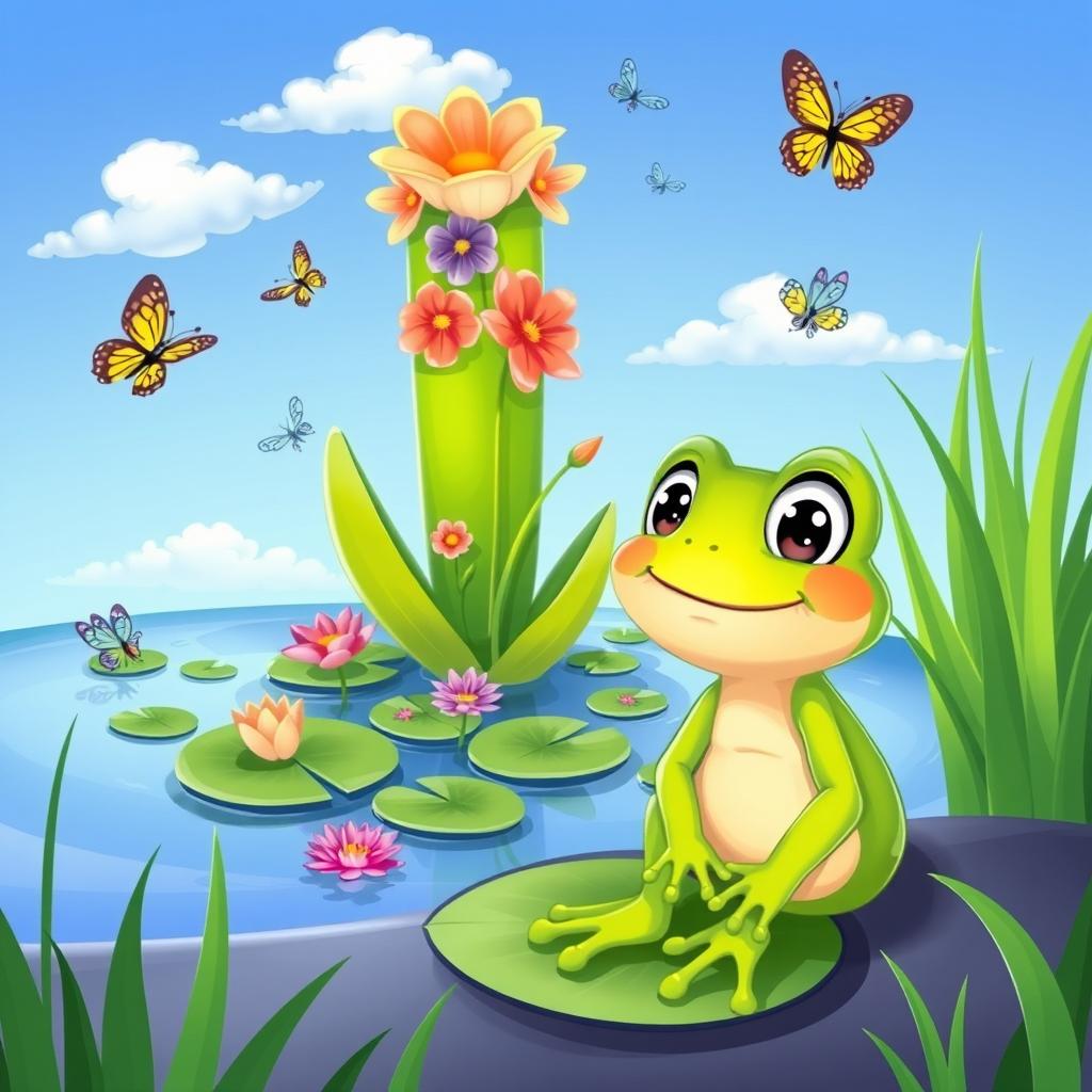 A colorful and whimsical cartoon illustration for a children's book, depicting a small, cheerful frog named Felix with big expressive eyes, sitting by a tranquil pond