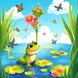 A colorful and whimsical cartoon illustration for a children's book, depicting a small, cheerful frog named Felix with big expressive eyes, sitting by a tranquil pond