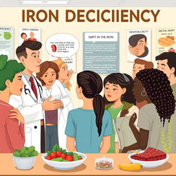 A medically themed illustration focusing on iron deficiency, showcasing a diverse group of people experiencing symptoms such as fatigue and weakness