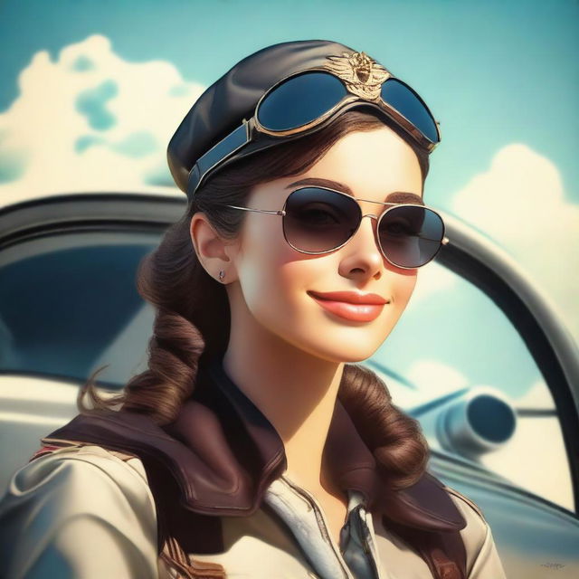 This digital art image now portrays the same stunningly beautiful girl as a hot pilot