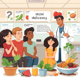 A medically themed illustration focusing on iron deficiency, showcasing a diverse group of people experiencing symptoms such as fatigue and weakness