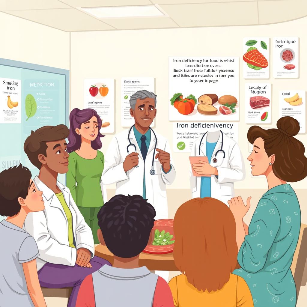 A medically themed illustration focusing on iron deficiency, showcasing a diverse group of people experiencing symptoms such as fatigue and weakness