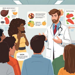 A medically themed illustration focusing on iron deficiency, showcasing a diverse group of people experiencing symptoms such as fatigue and weakness