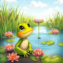 A charming cartoon portrait illustration for a children's book featuring a little frog named Felix with bright green skin and large, expressive eyes