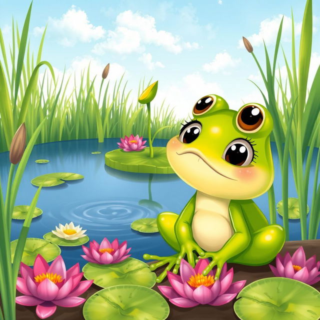 A charming cartoon portrait illustration for a children's book featuring a little frog named Felix with bright green skin and large, expressive eyes