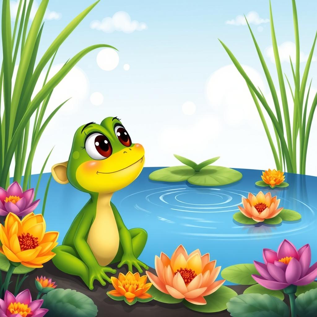 A charming cartoon portrait illustration for a children's book featuring a little frog named Felix with bright green skin and large, expressive eyes