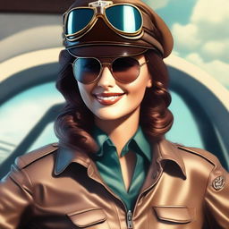 This digital art image now portrays the same stunningly beautiful girl as a hot pilot