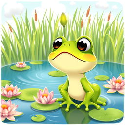 A charming cartoon portrait illustration for a children's book featuring a little frog named Felix with bright green skin and large, expressive eyes