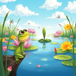 A portrait-sized, colorful cartoon illustration for a children's book featuring a small frog named Felix with bright green skin and wide, curious eyes