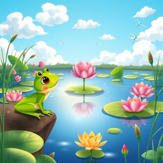 A portrait-sized, colorful cartoon illustration for a children's book featuring a small frog named Felix with bright green skin and wide, curious eyes