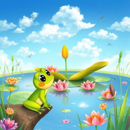 A portrait-sized, colorful cartoon illustration for a children's book featuring a small frog named Felix with bright green skin and wide, curious eyes