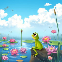 A portrait-sized, colorful cartoon illustration for a children's book featuring a small frog named Felix with bright green skin and wide, curious eyes