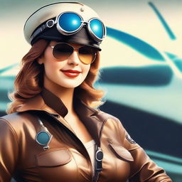 This digital art image now portrays the same stunningly beautiful girl as a hot pilot