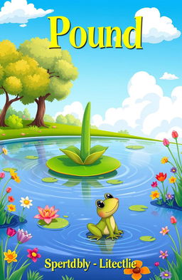 A vibrant and whimsical children's book cover featuring a cartoon-style illustration of a quiet pond