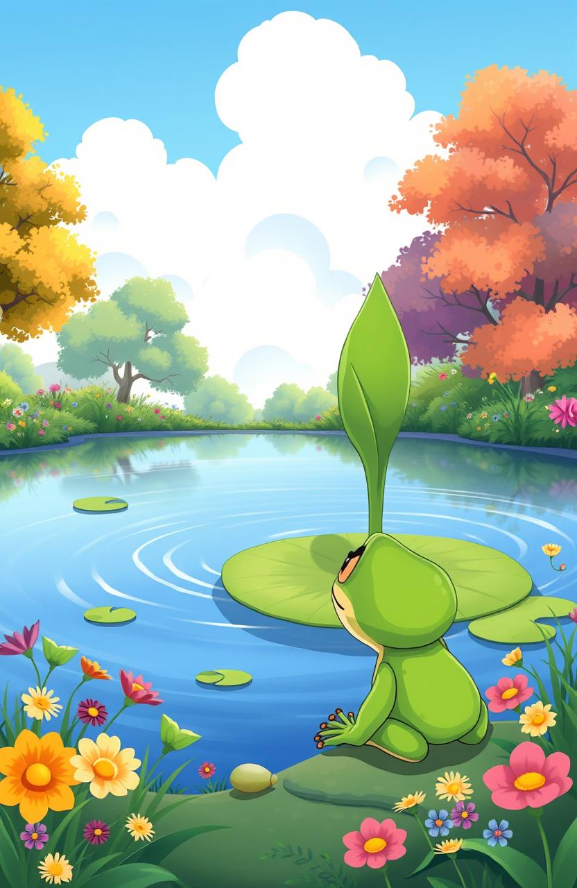 A vibrant and whimsical children's book cover featuring a cartoon-style illustration of a quiet pond