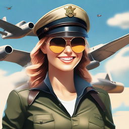 This digital art image now portrays the same stunningly beautiful girl as a hot pilot