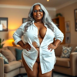 A plus-size dark-skinned Indian mature woman, 50 years old, with long grey hair and glasses, exuding sensuality and voluptuousness