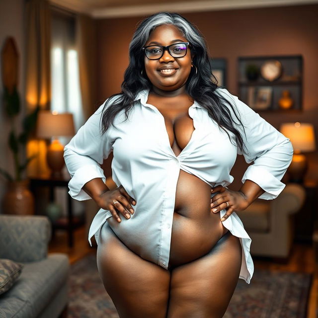 A plus-size dark-skinned Indian mature woman, 50 years old, with long grey hair and glasses, exuding sensuality and voluptuousness