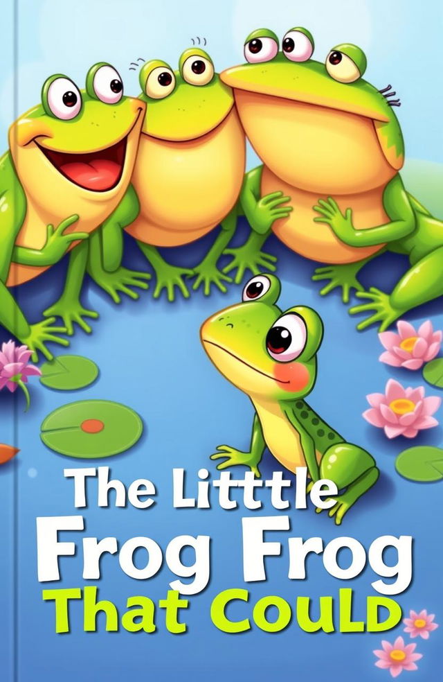 A colorful and whimsical portrait-sized book cover for a children's book featuring a small, determined frog looking up at a group of larger frogs who are playfully laughing at him