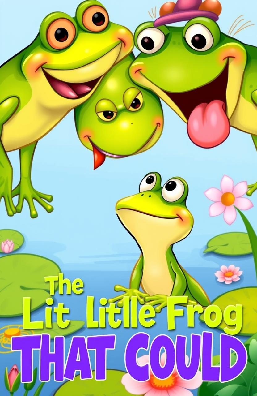 A colorful and whimsical portrait-sized book cover for a children's book featuring a small, determined frog looking up at a group of larger frogs who are playfully laughing at him
