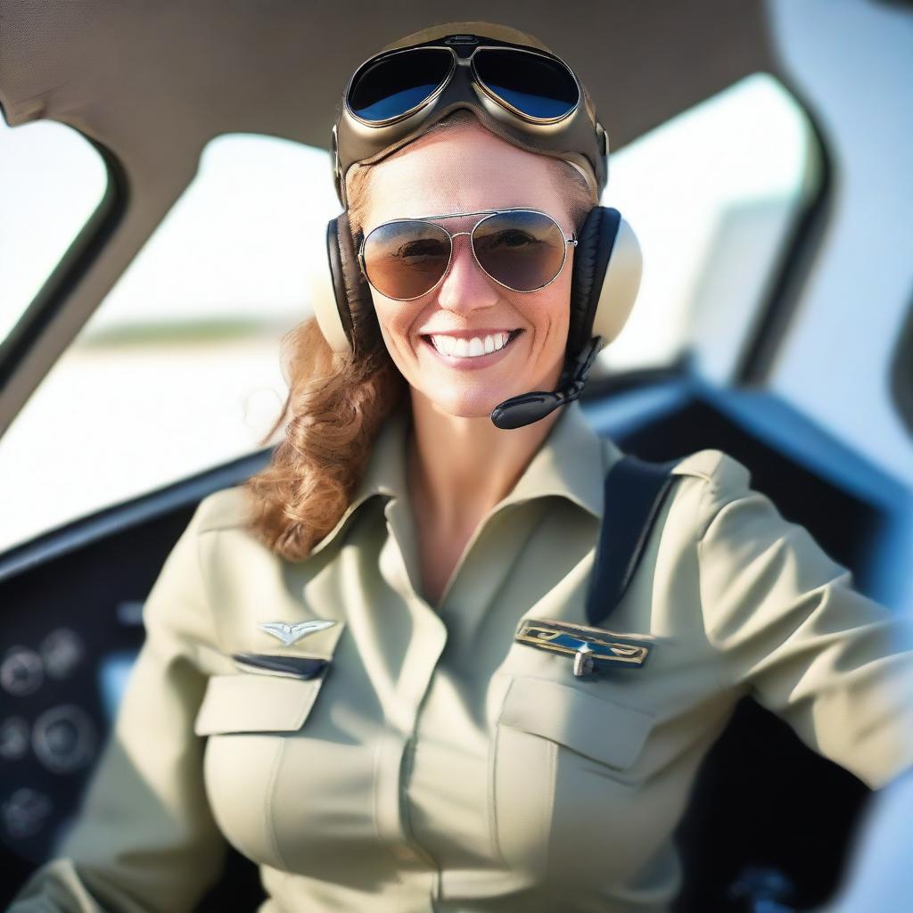 This is a high-quality, real-life photograph of the previously described woman now dressed as an attractive pilot