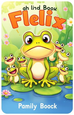 A colorful cartoon illustration for a children's book cover, featuring a frog named Felix at the center, looking slightly sad with big expressive eyes