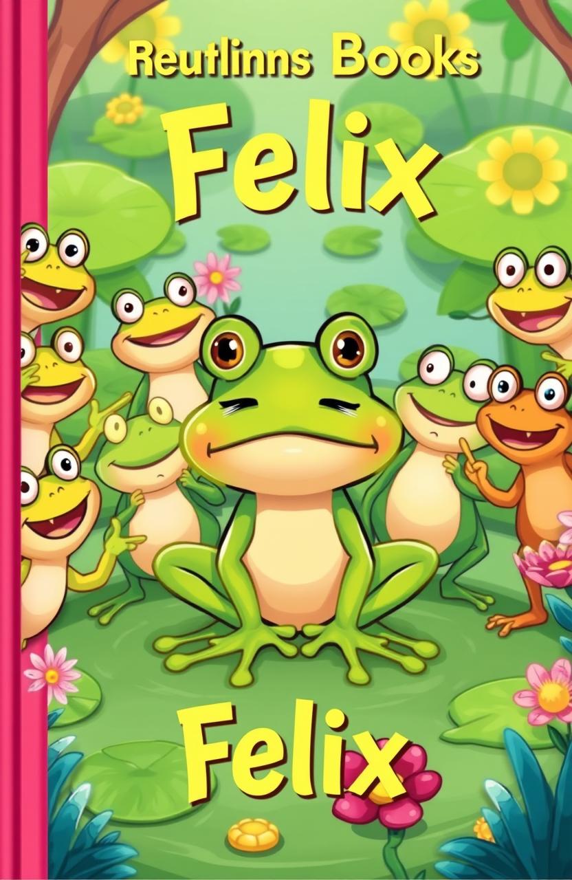 A colorful cartoon illustration for a children's book cover, featuring a frog named Felix at the center, looking slightly sad with big expressive eyes