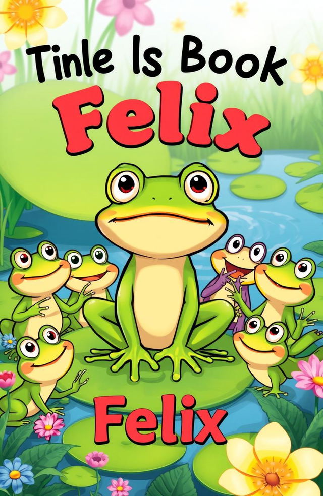 A colorful cartoon illustration for a children's book cover, featuring a frog named Felix at the center, looking slightly sad with big expressive eyes