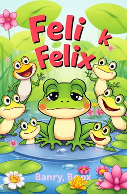 A colorful cartoon illustration for a children's book cover, featuring a frog named Felix at the center, looking slightly sad with big expressive eyes