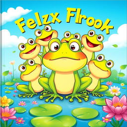 A vibrant and engaging cartoon illustration for a children's book cover, showcasing a frog named Felix at the center