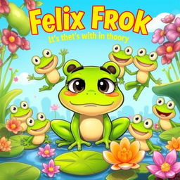 A vibrant and engaging cartoon illustration for a children's book cover, showcasing a frog named Felix at the center