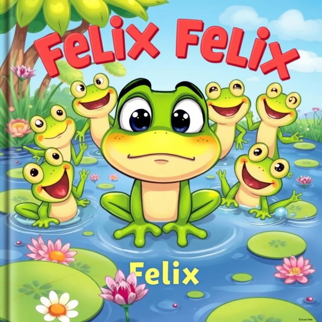 A vibrant and engaging cartoon illustration for a children's book cover, showcasing a frog named Felix at the center