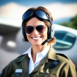 This is a high-quality, real-life photograph of the previously described woman now dressed as an attractive pilot